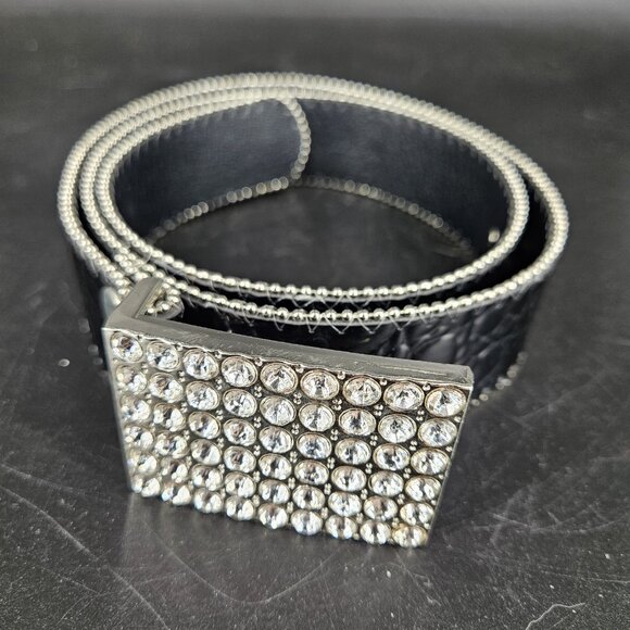 Black Western Belt Mens Large Faux Leather Croc Rhinestone Silver Buckle Hip Hop - Picture 1 of 13